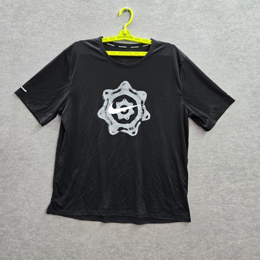 Nike Men Shirt Large Black Logo Gear Swoosh Graphic Short Sleeve Crew Neck READ